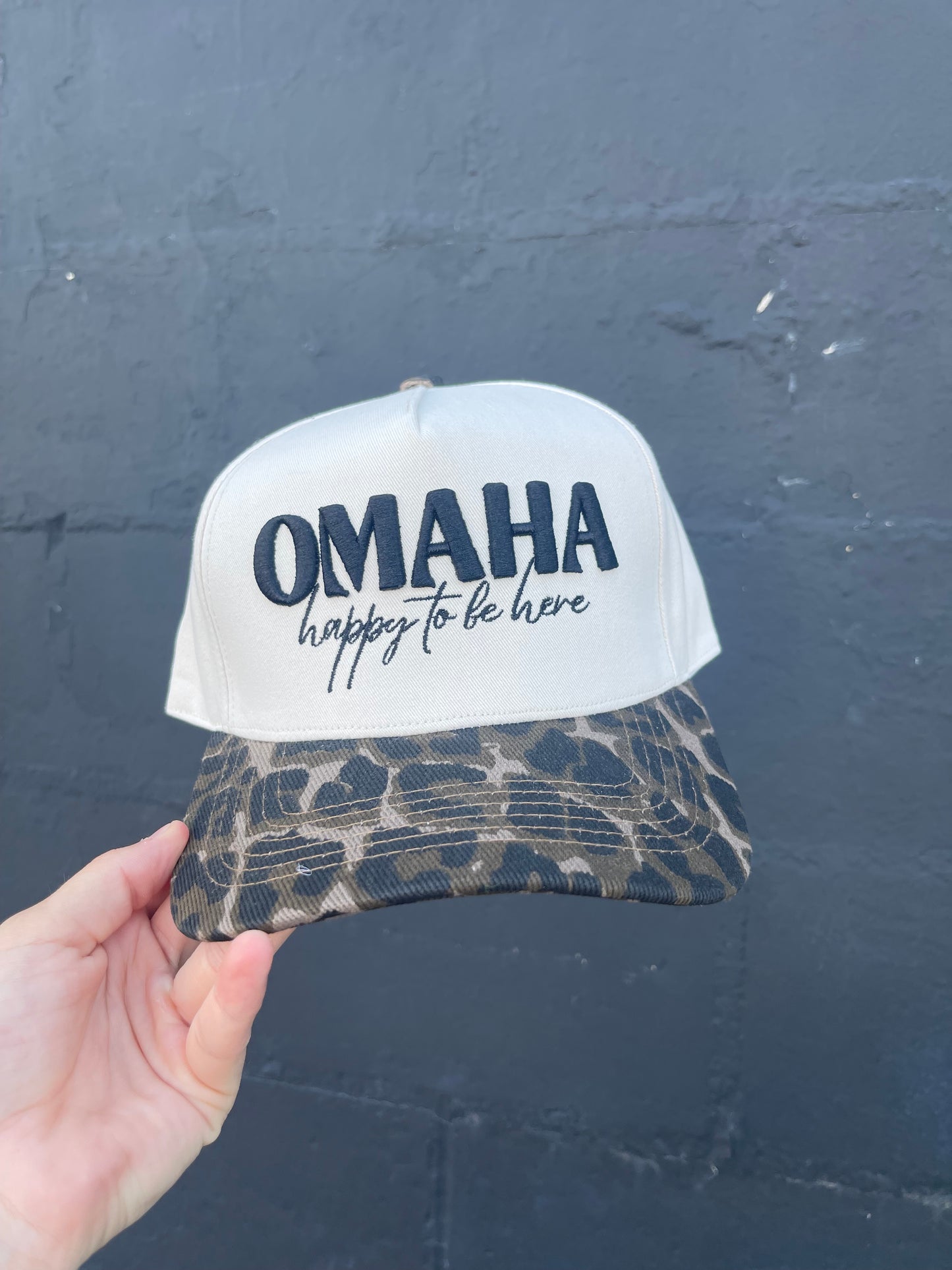 Cheetah Print Omaha Happy To Be Here Embroidered Hat