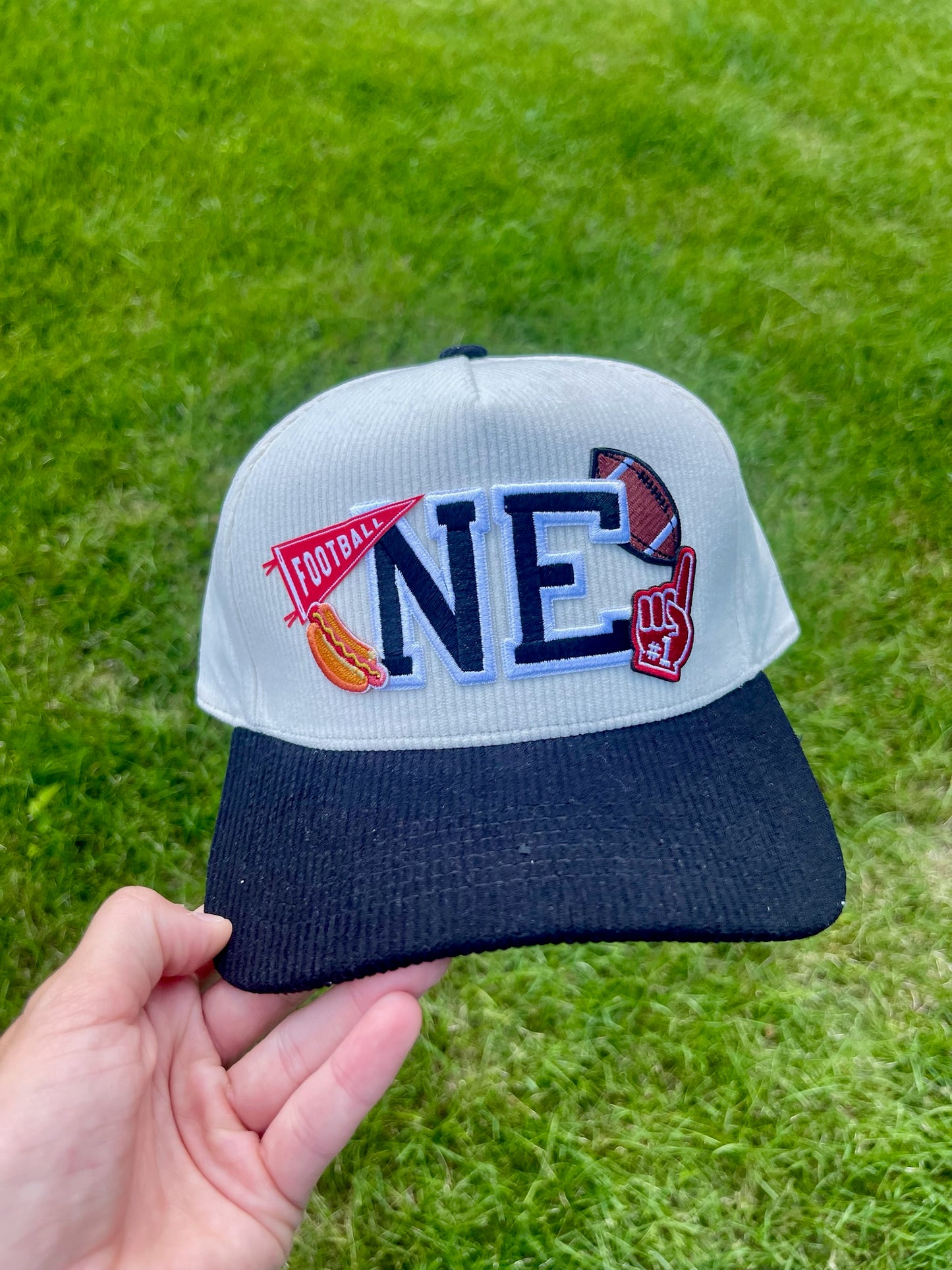 Black NE Football Patched Hat | Black/Natural Corduroy