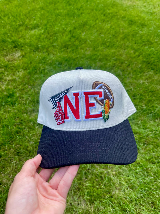 Red NE Football Patched Hat | Black/Natural Corduroy