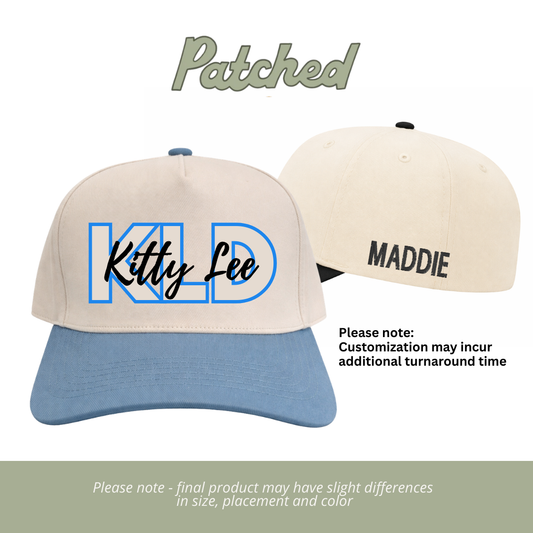 CUSTOMIZED | ADULT Kitty Lee Block +Script | Natural/Baby Blue Cotton Hat