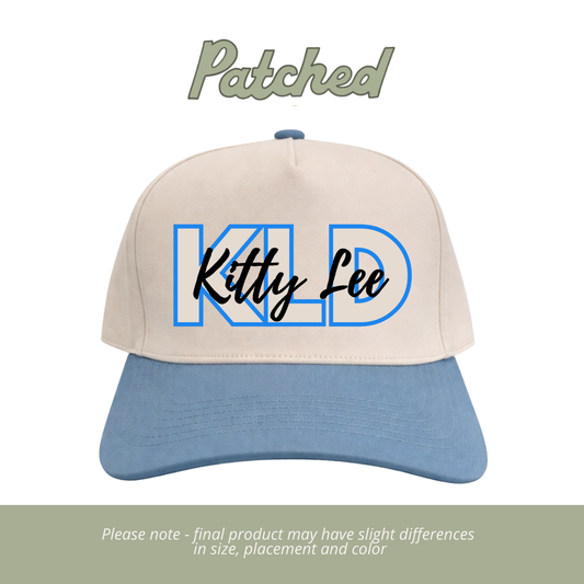 ADULT Kitty Lee Block +Script | Natural/Baby Blue Cotton Hat
